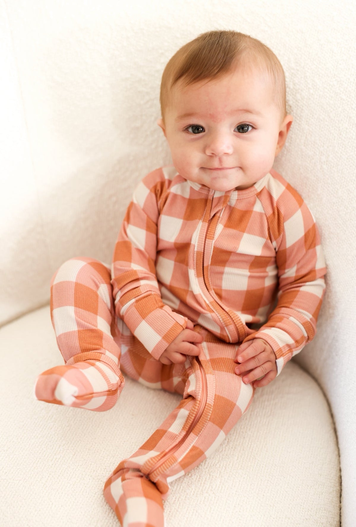 CORAL GINGHAM | ZIP ROMPER