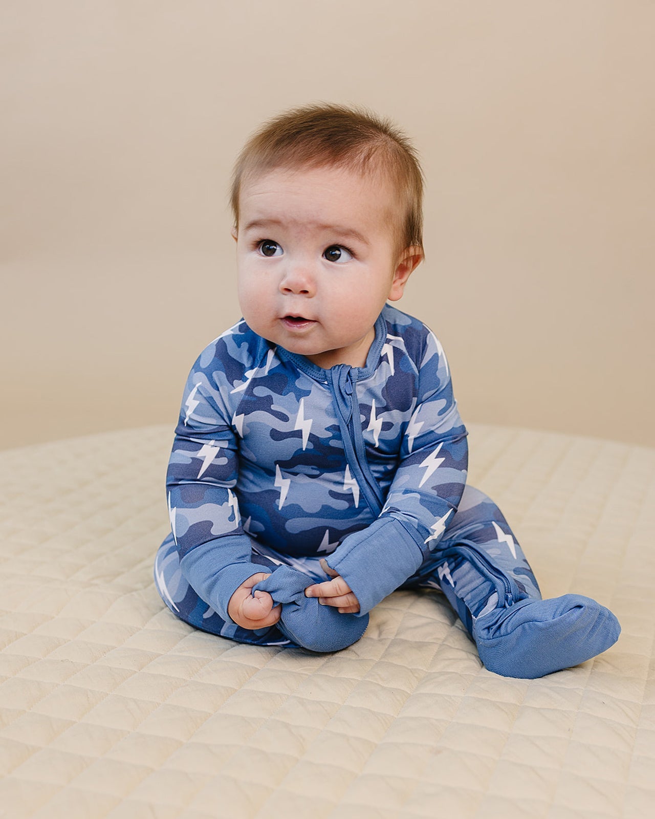 Bamboo Zip Romper | Blue Camo Bolts