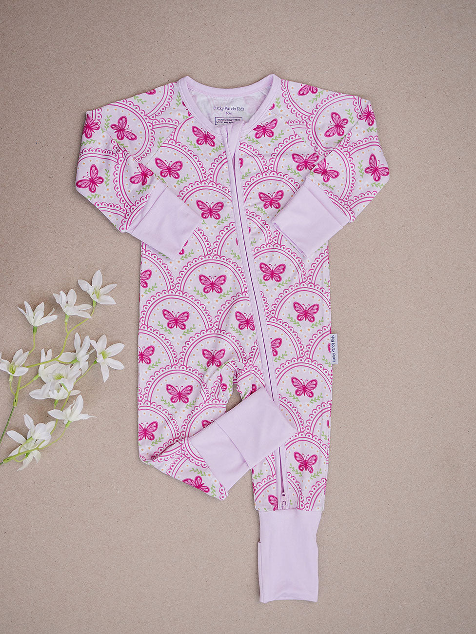 Bamboo Zip Romper | Pink Butterfly